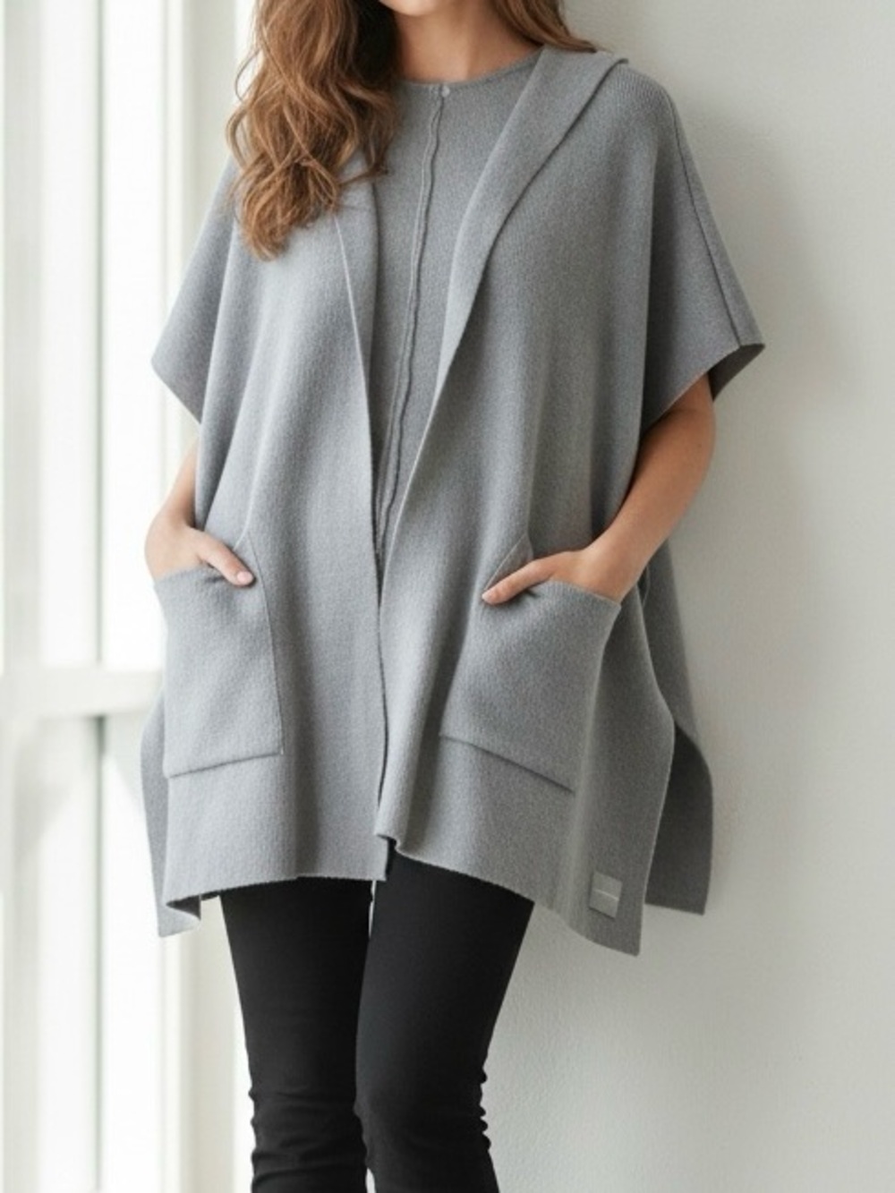 NWT Calvin Klein Light Gray Hooded Knit Poncho Sweater One Size